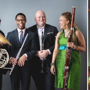 Imani Winds pose with their instruments; Alex Shaw plays the berimbau