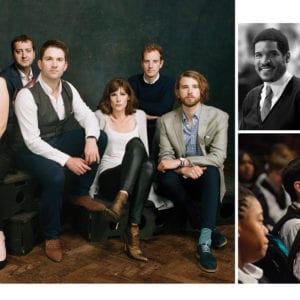 Collage of photos showing VOCES8 ensemble members seated together [Andy Staples]; headshots of Fluellen, Norris & Simpson, [courtesy of the artists]; and students from Our Lady of Confidence applauding at a performance.