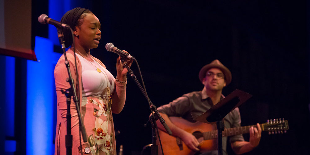 Salawat performs with teaching artist Ami Yares at LiveConnections’ Big Hurrah fundraising event in the fall of 2018.