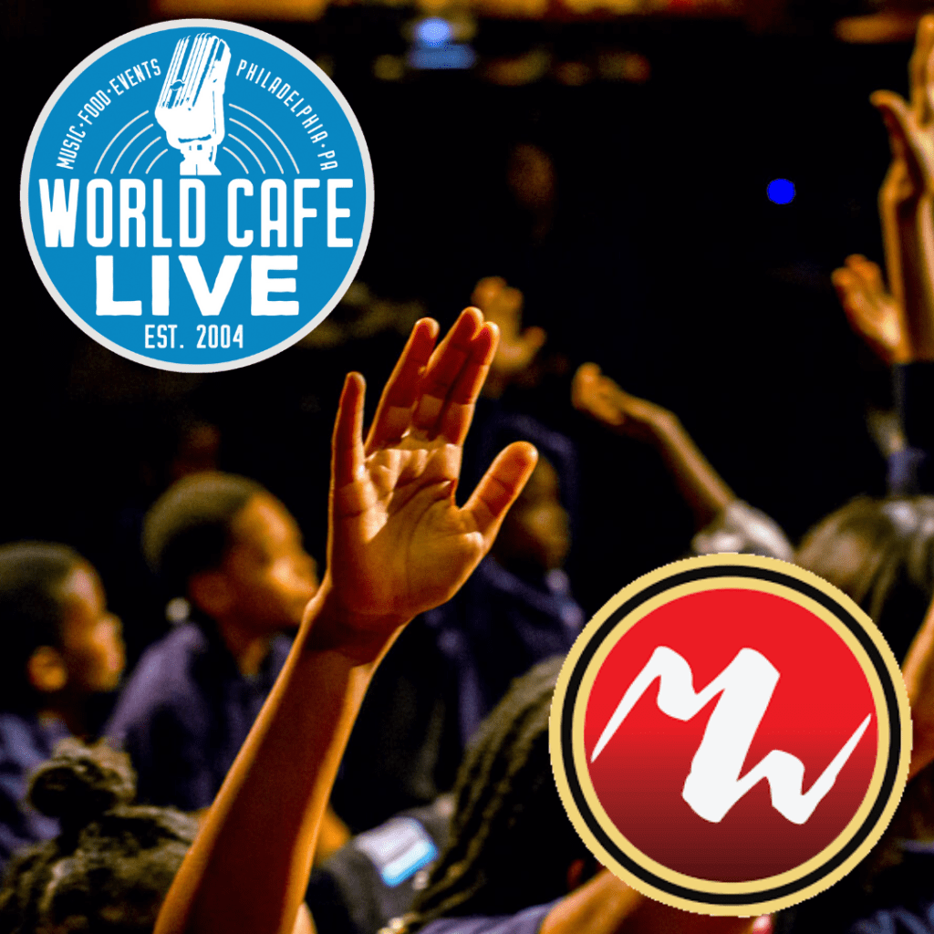World Cafe Live and Mighty Writers logos over a picture of children's hands raised in the air